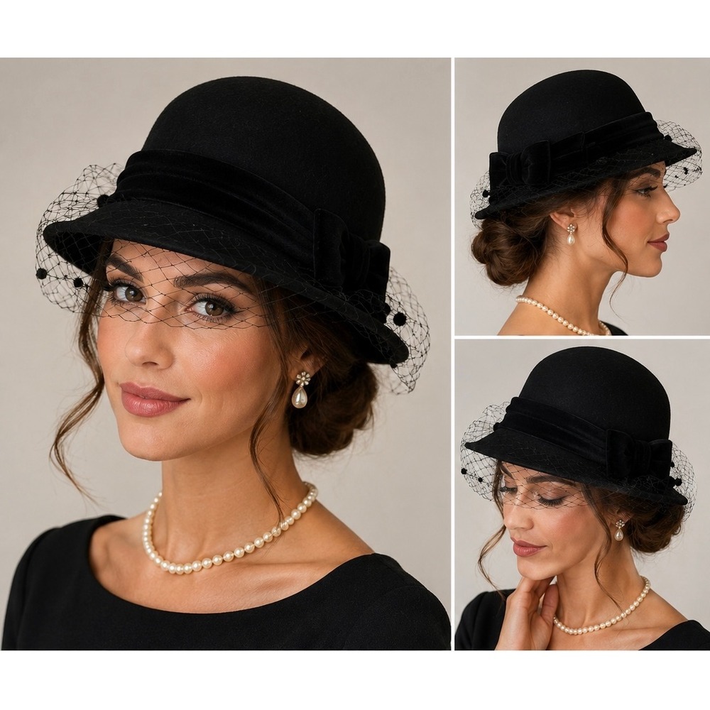 Plaza Suite by Betmar Black 100% Wool Felt Cloche Hat Birdcage Veil Velvet Bow